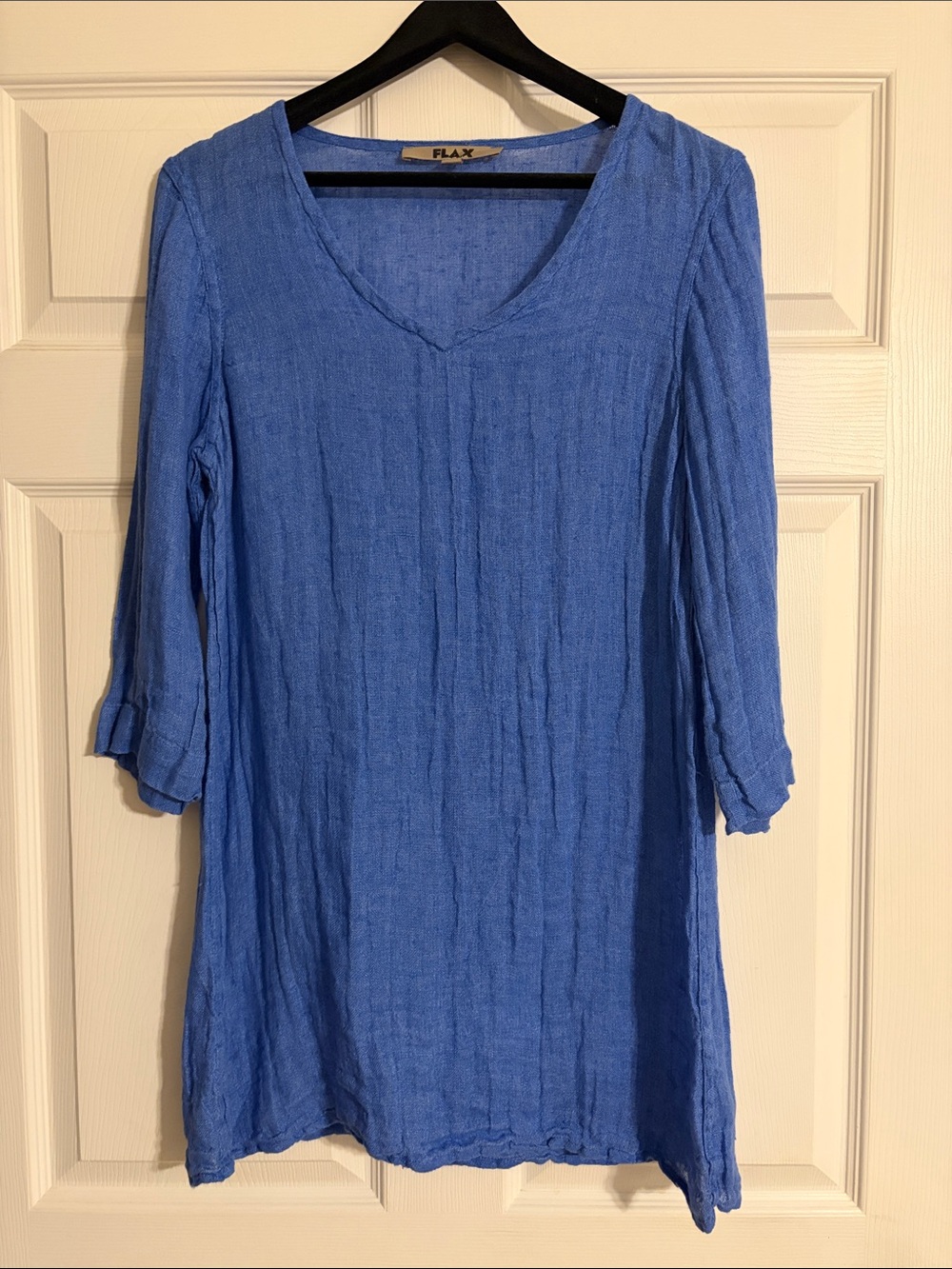FLAX 100% Linen V-Neck 3/4 Sleeve Pullover Tunic Top Blue